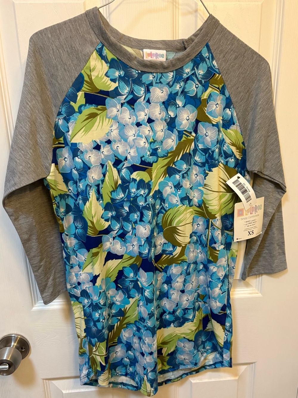 LuLaRoe Girls Blue Floral Raglan Top with Gray Sleeves